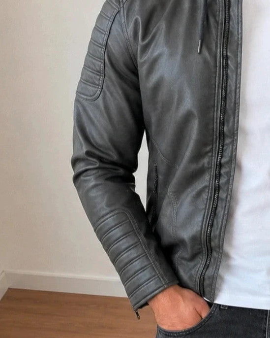 Indicode grey biker jacket with logo, padded hood, and quilted shoulder details.