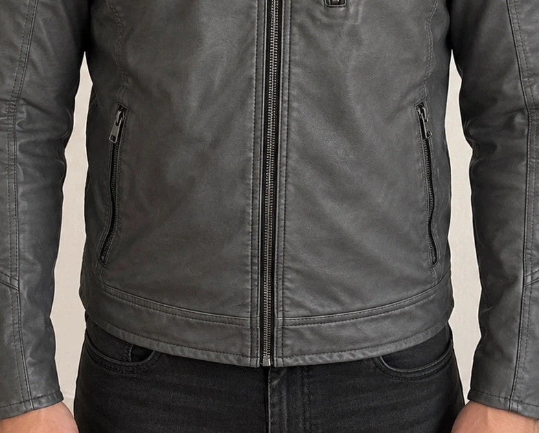 Indicode grey biker jacket with logo, padded hood, and quilted shoulder details.