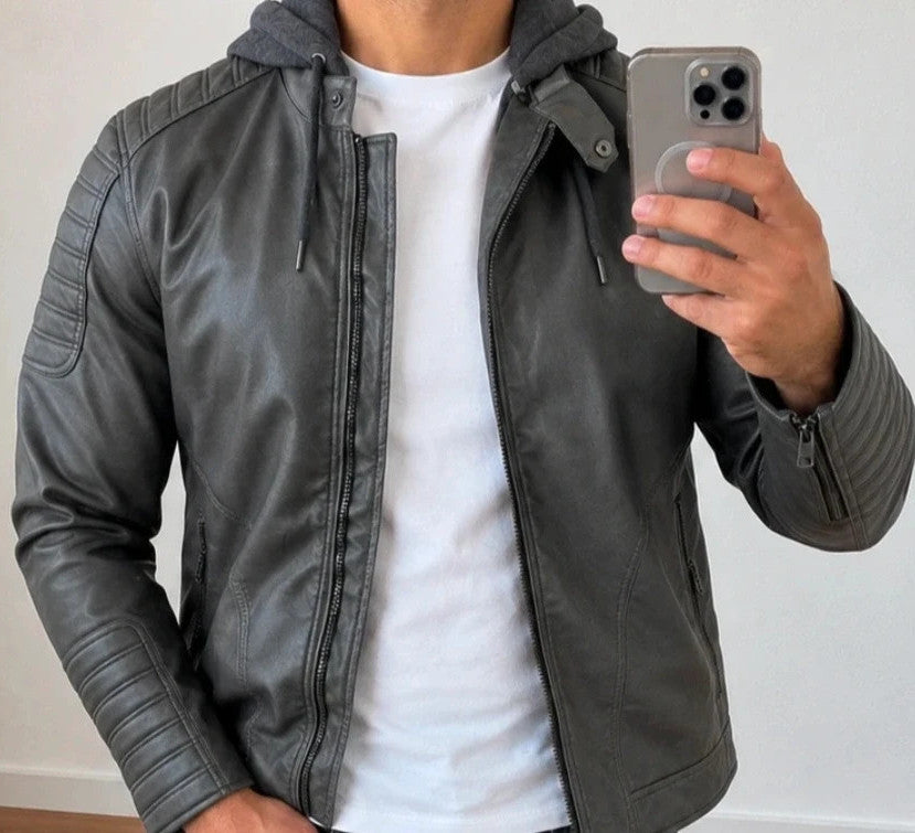 Indicode grey biker jacket with logo, padded hood, and quilted shoulder details.