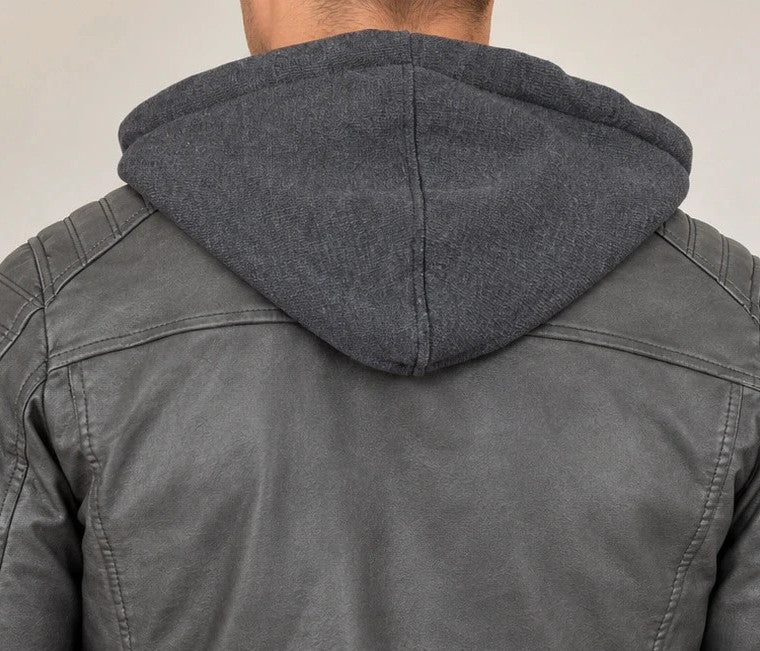 Indicode grey biker jacket with logo, padded hood, and quilted shoulder details.