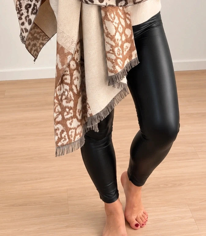 Muster beige brown shawl leopard pattern soft polyester with decorative fringes.
