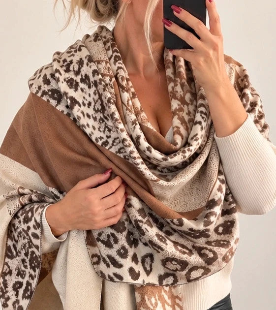 Muster beige brown shawl leopard pattern soft polyester with decorative fringes.