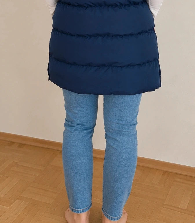 Lagooners navy vest with pink accents, quilted design, logo on chest, hooded.