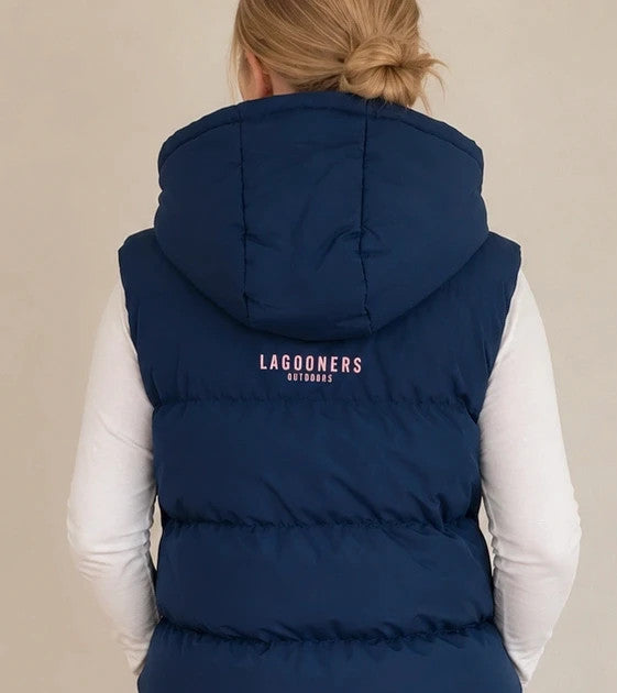 Lagooners navy vest with pink accents, quilted design, logo on chest, hooded.