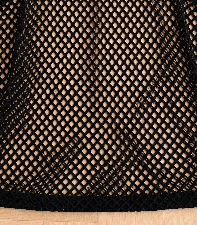 ALS black mesh tank top with round neckline and transparent pattern.