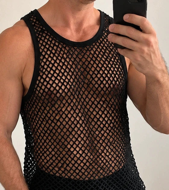 ALS black mesh tank top with round neckline and transparent pattern.