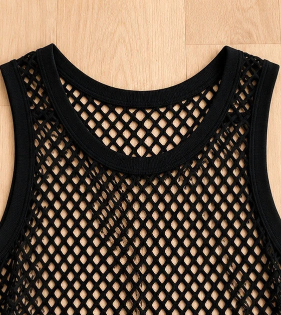 ALS black mesh tank top with round neckline and transparent pattern.
