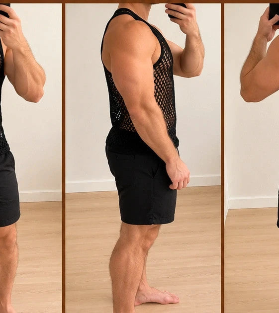 ALS black mesh tank top with round neckline and transparent pattern.