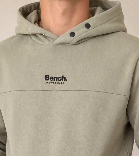 Bench green hoodie with rubber logo, kangaroo pocket, and thumbholes.