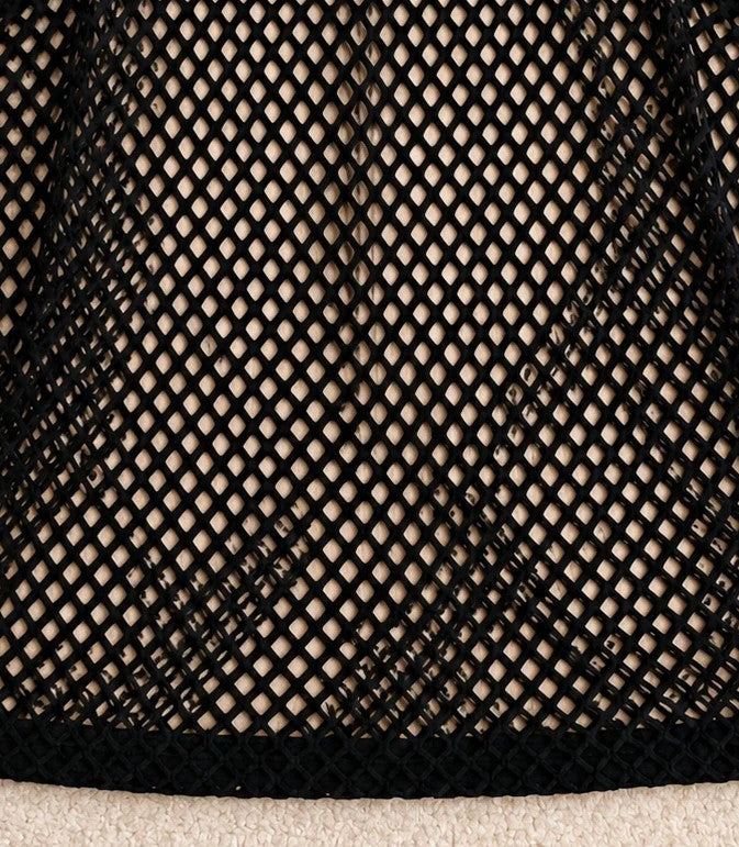 Stoff black tank top sleeveless mesh fabric with open hole pattern and round neckline.