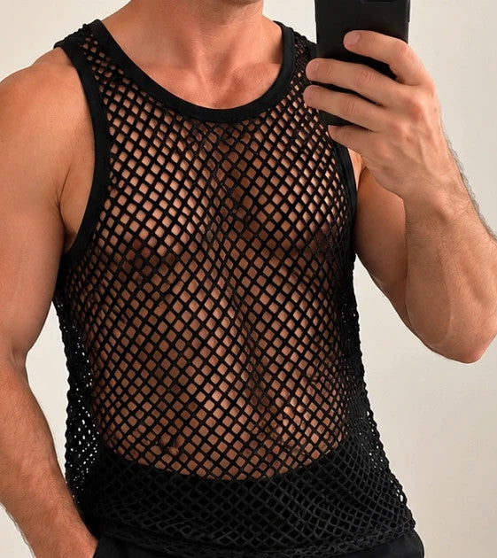 Stoff black tank top sleeveless mesh fabric with open hole pattern and round neckline.