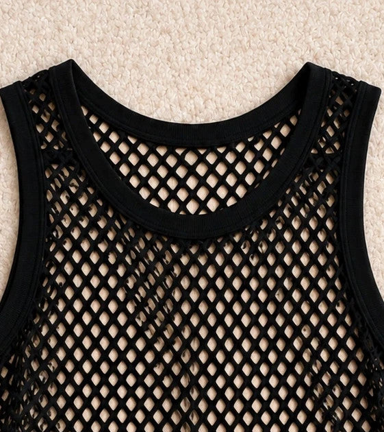 Stoff black tank top sleeveless mesh fabric with open hole pattern and round neckline.