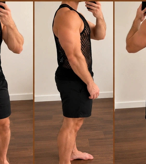 Stoff black tank top sleeveless mesh fabric with open hole pattern and round neckline.