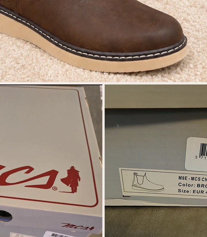 MCS brown winter boots size 43 with elastic side panels and cream-colored sole.