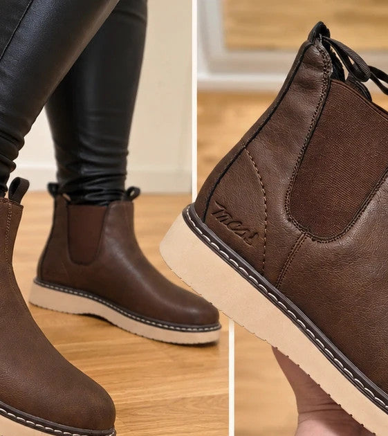 MCS brown winter boots size 43 with elastic side panels and cream-colored sole.