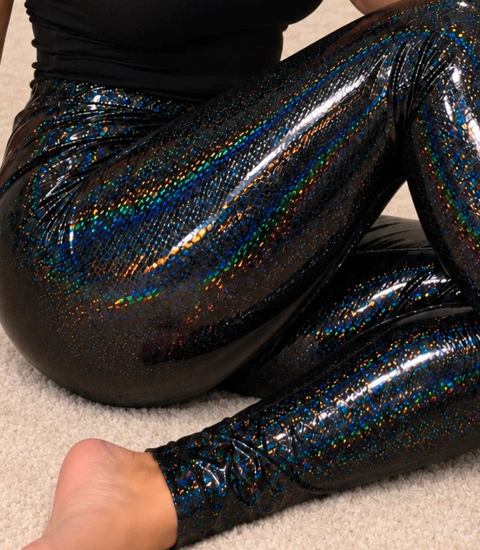 SheIn black bicycle tights with croco pattern and holographic rainbow effect.