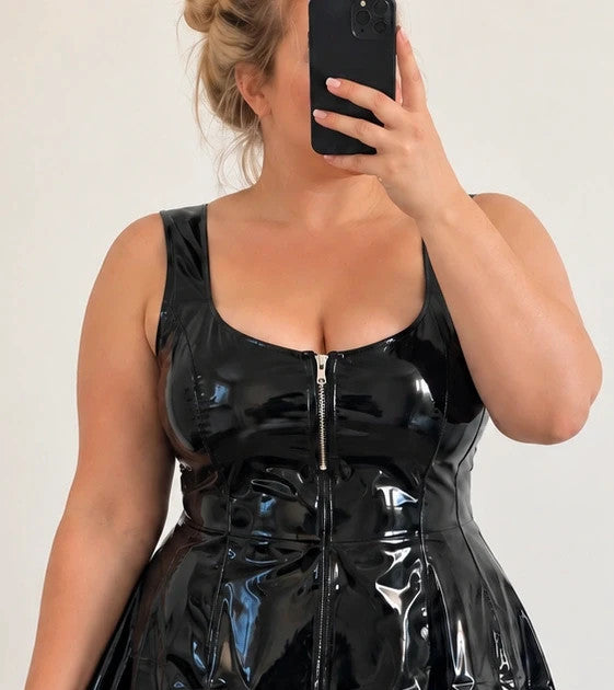 Nes black bandage dress glossy wetlook finish sleeveless deep neckline A-line skirt