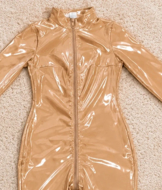 beige jumpsuit beige camel long-sleeve fitted design with standing collar and stretch fabric