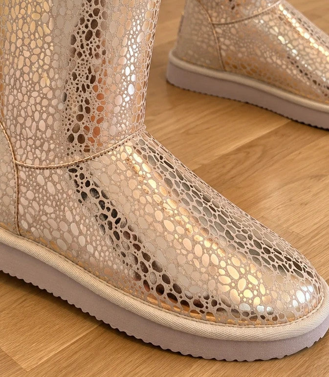 GEF gold footwear crocodile pattern with metallic sheen, soft synthetic lining.