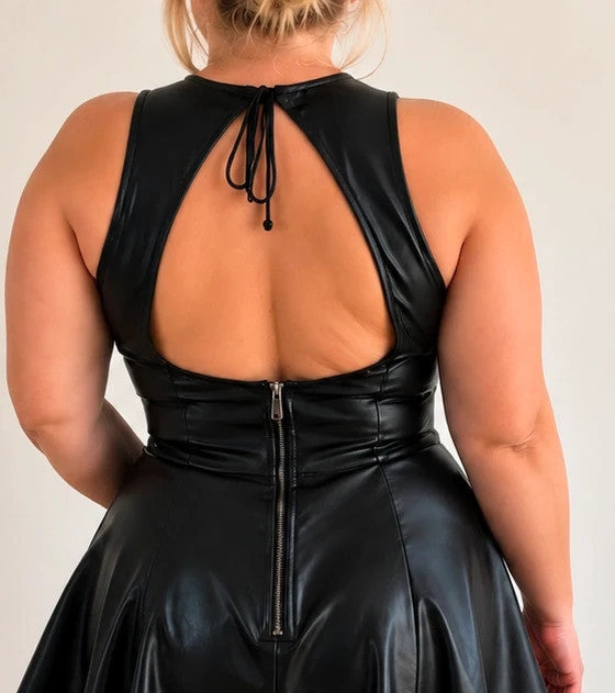 XXL black bandage dress matte leather look deep V-neck zip front skater style