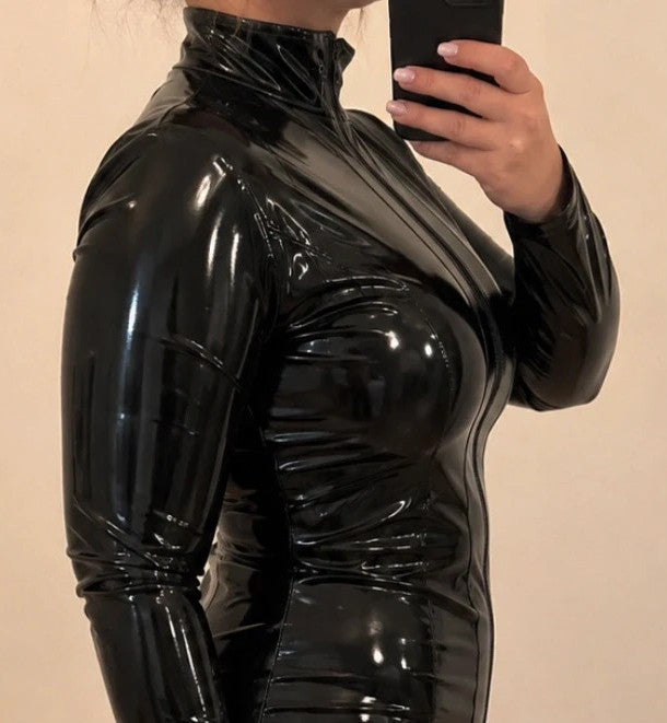 XXL black bandage dress glossy wetlook finish with standing collar and front zipper.