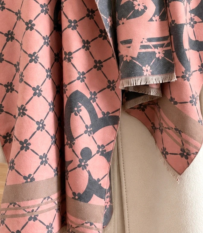 Nes grey pink shawl floral pattern reversible soft polyester fabric