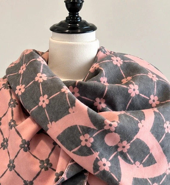 Nes grey pink shawl floral pattern reversible soft polyester fabric