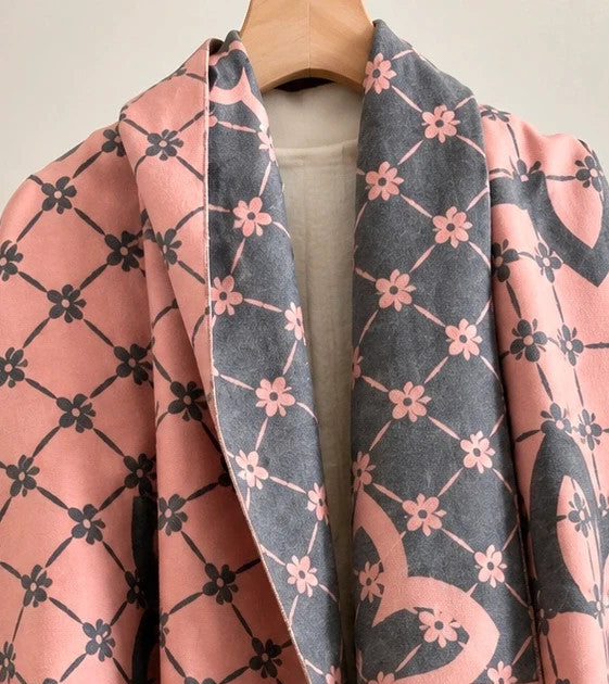 Nes grey pink shawl floral pattern reversible soft polyester fabric