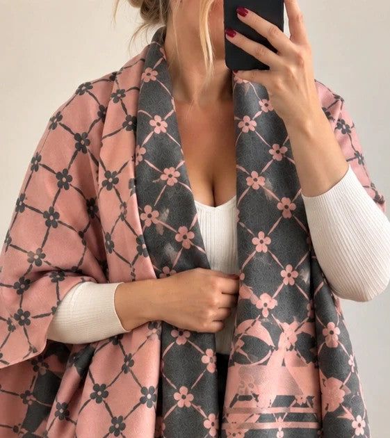 Nes grey pink shawl floral pattern reversible soft polyester fabric
