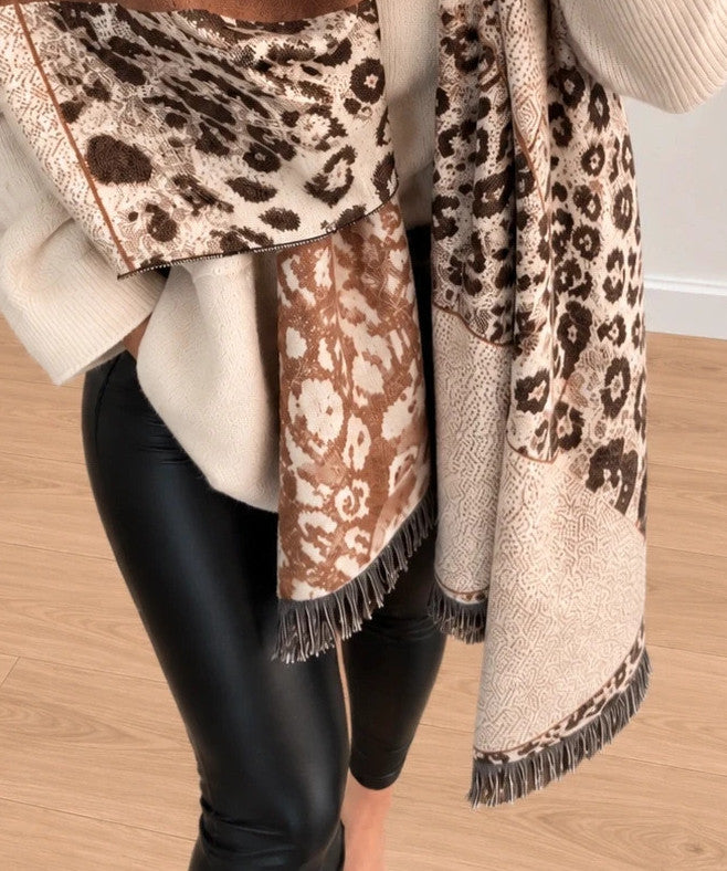 Braun shawl beige brown leopard print soft reversible polyester fabric