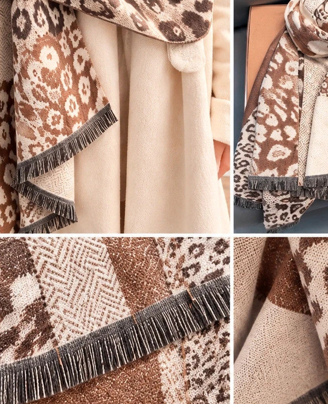 Braun shawl beige brown leopard print soft reversible polyester fabric