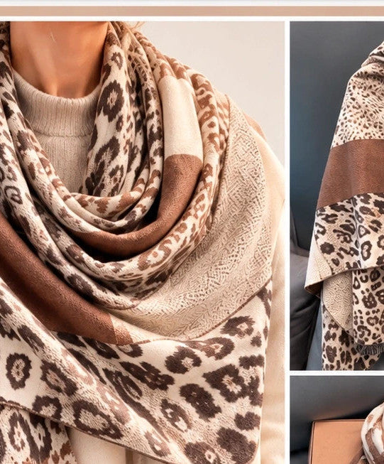 Braun shawl beige brown leopard print soft reversible polyester fabric