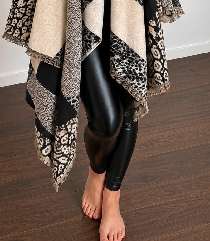 XXL shawl black cream leopard print geometric patterns soft polyester fabric