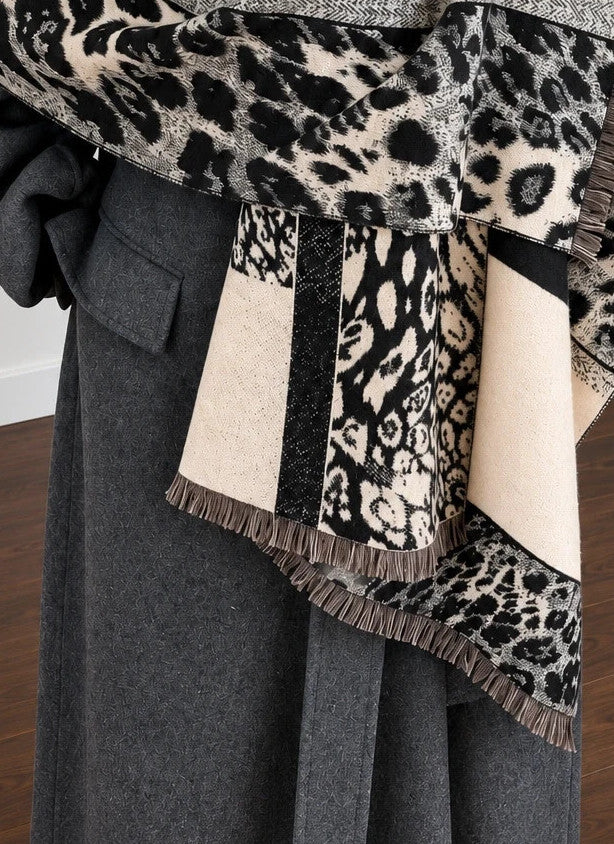 XXL shawl black cream leopard print geometric patterns soft polyester fabric