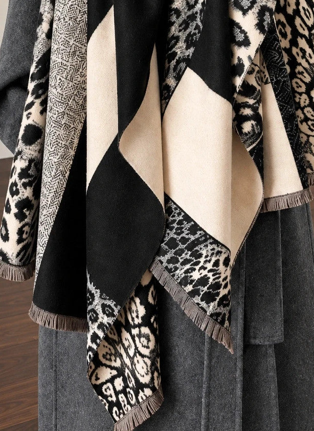 XXL shawl black cream leopard print geometric patterns soft polyester fabric