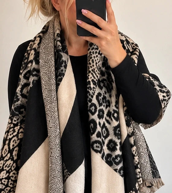 XXL shawl black cream leopard print geometric patterns soft polyester fabric