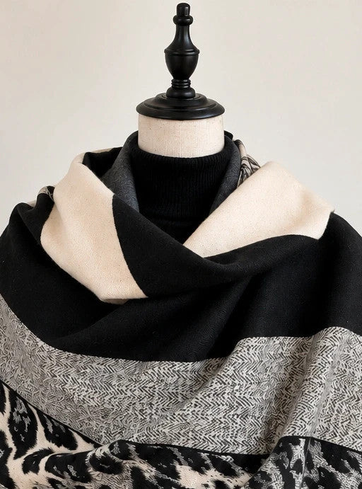 XXL shawl black cream leopard print geometric patterns soft polyester fabric