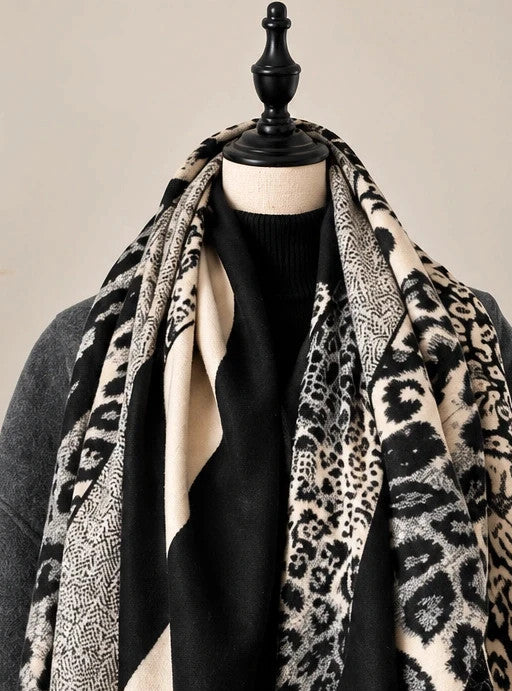 XXL shawl black cream leopard print geometric patterns soft polyester fabric