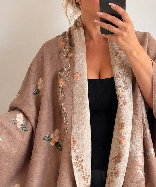 beige shawl beige and cream reversible with bee and flower pattern