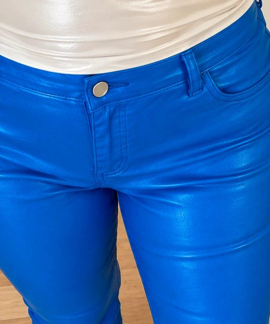 Bootcut blue bootcut trousers with shiny finish, fitted hips, and flared legs.