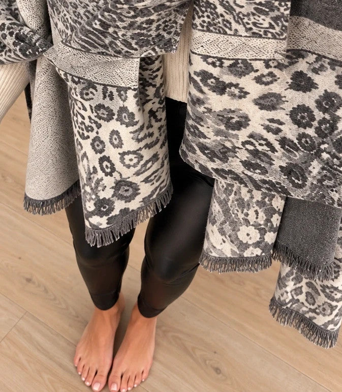 XXL shawl cream grey leopard floral pattern soft polyester with fringed edges