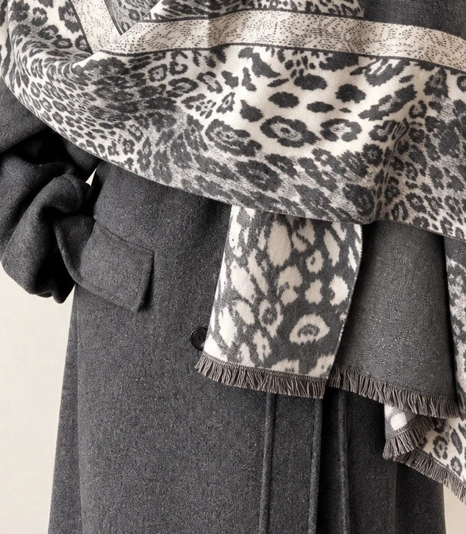 XXL shawl cream grey leopard floral pattern soft polyester with fringed edges