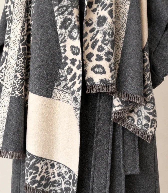 XXL shawl cream grey leopard floral pattern soft polyester with fringed edges