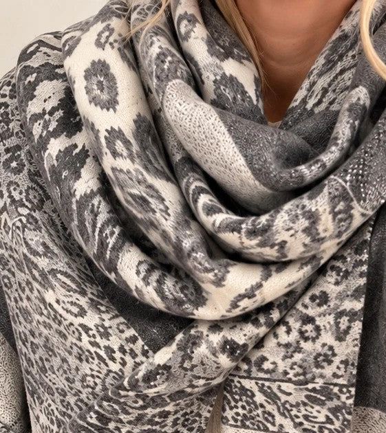XXL shawl cream grey leopard floral pattern soft polyester with fringed edges
