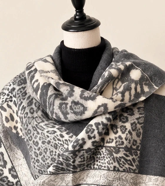 XXL shawl cream grey leopard floral pattern soft polyester with fringed edges