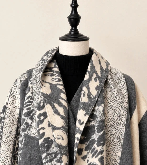XXL shawl cream grey leopard floral pattern soft polyester with fringed edges