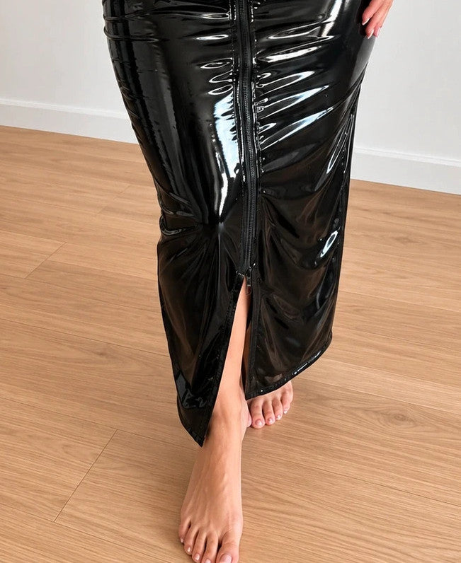 Nes black linen maxi dress, sleeveless, glossy wetlook, high collar, front zipper detail.