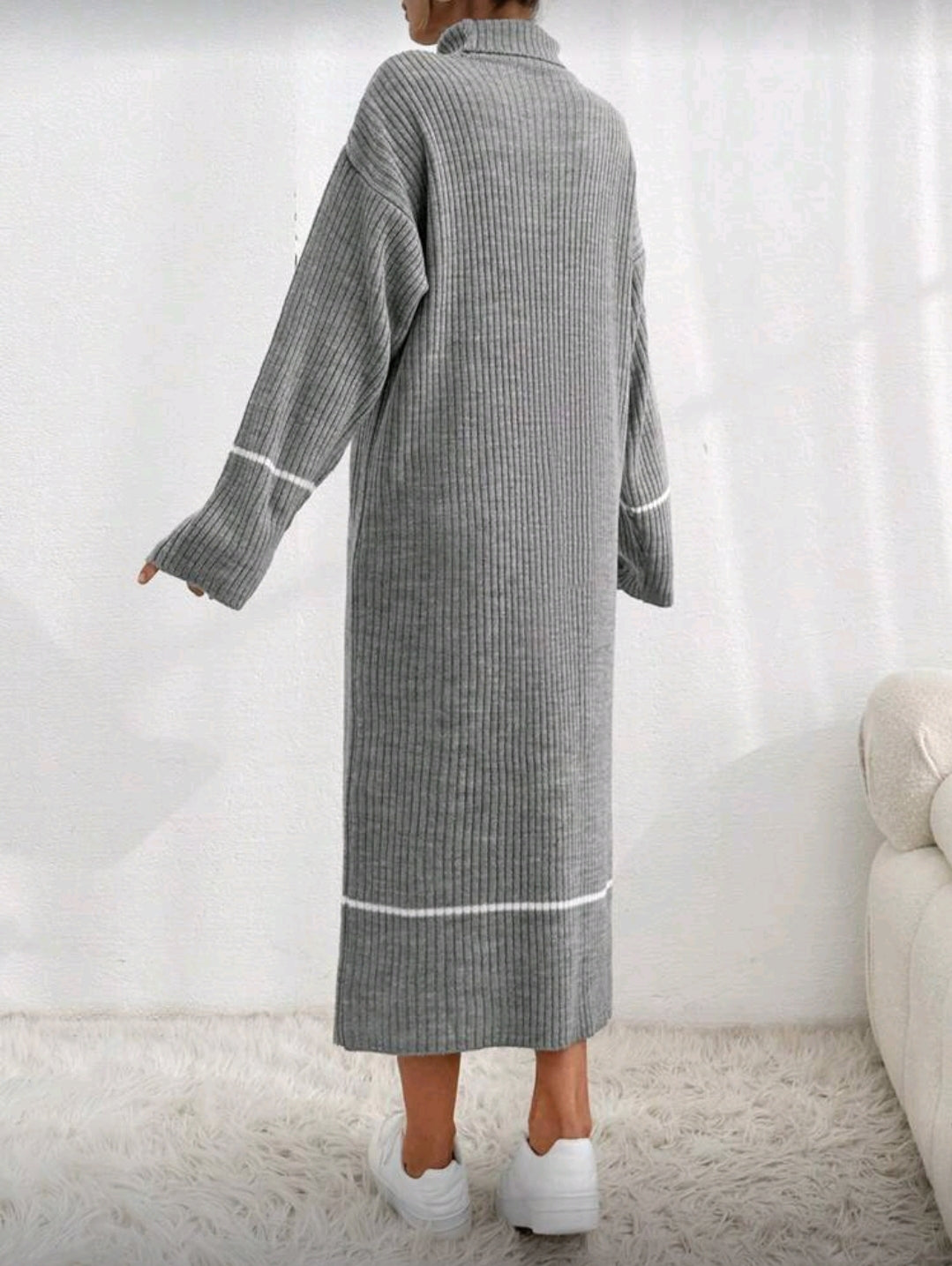 Strickkleid Maxikleid Maxi Kleid gerippt Longpullover Pulli Grau