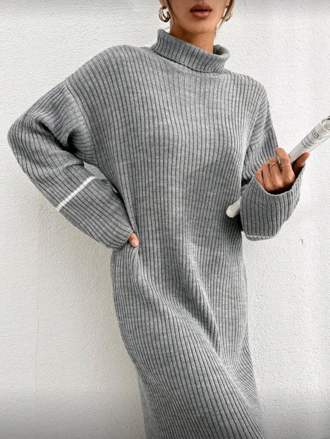 Strickkleid Maxikleid Maxi Kleid gerippt Longpullover Pulli Grau