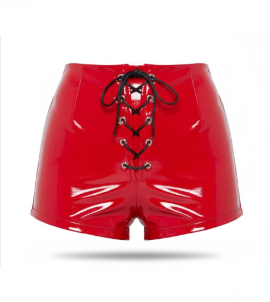 Shorts Hotpants zum Schnüren Latex-Optik rot neu Vinyl-Optik Glanz